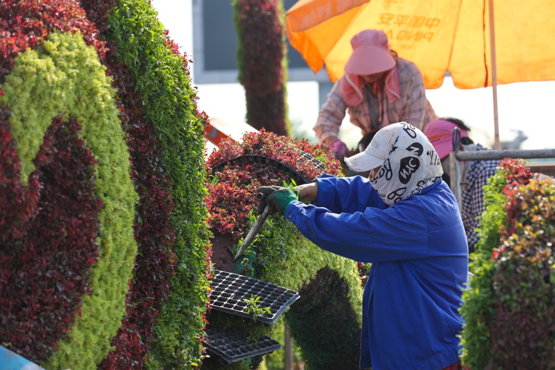 9月18日，中秋节和国庆节将至，我市景区工人忙着制作大型景观造型，迎接“双节”到来。开封+记者 石斐 摄