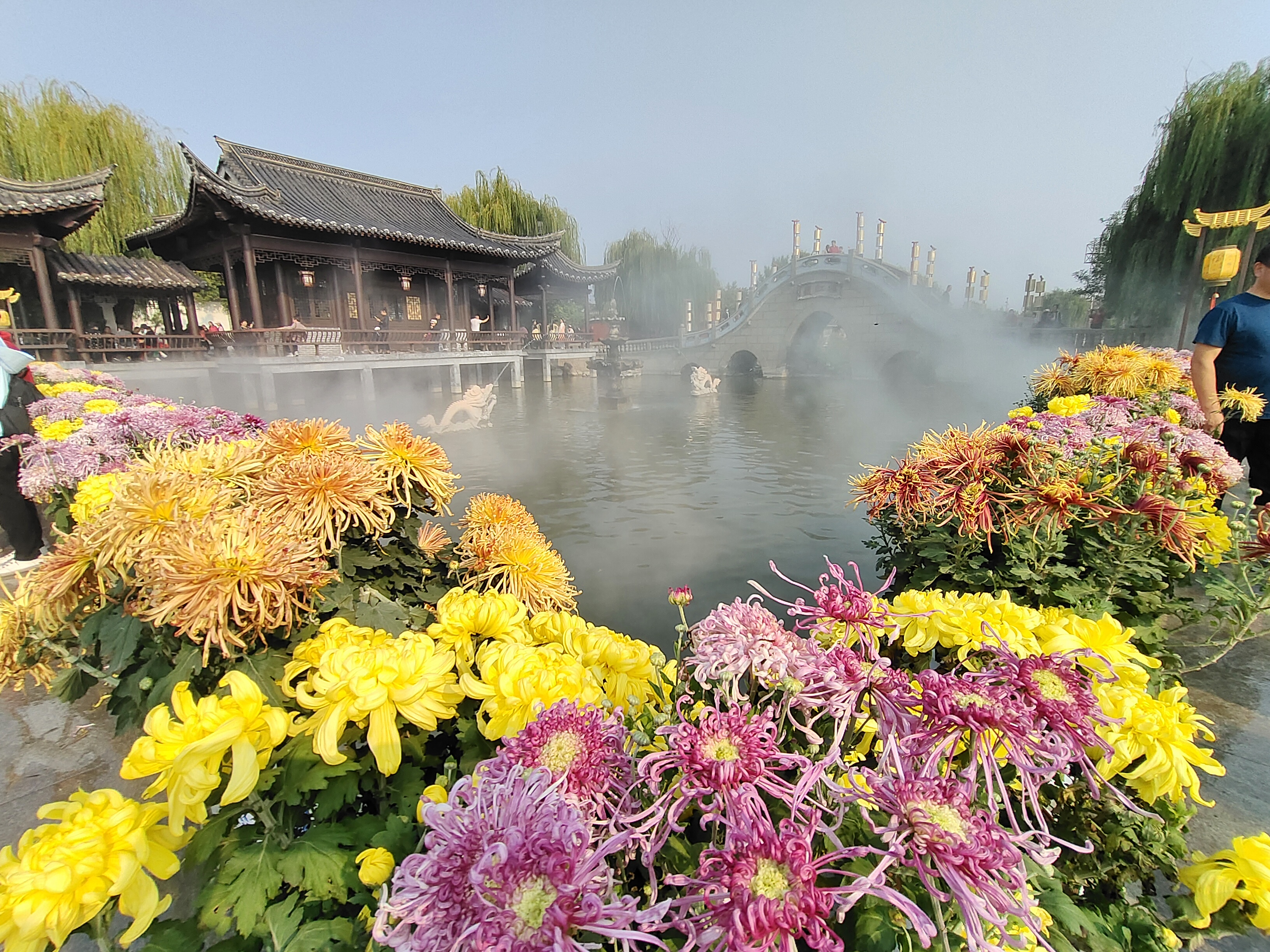 10月13日，在中国翰园碑林景区，游客畅游在菊花“花海”中，欣赏古城美景。开封+记者李浩 摄