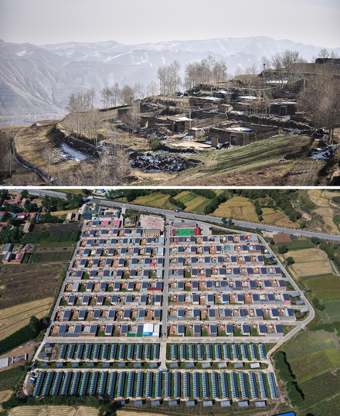 上圖：2016年11月拍攝的脫貧前的互助縣班彥村村貌。下圖：2019年9月拍攝的互助縣班彥新村村貌。