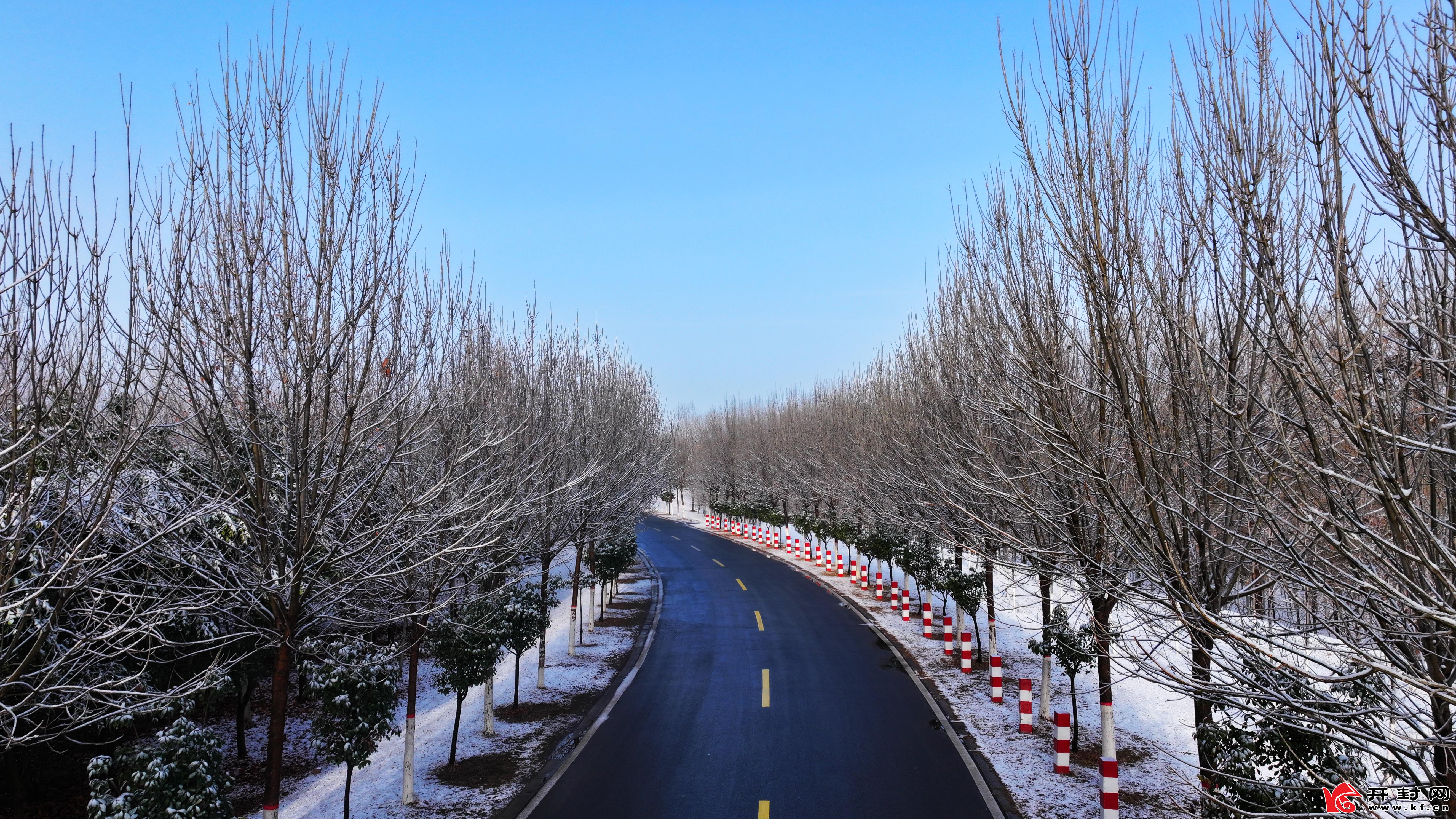 1月25日夜，开封终于下雪了！淅淅沥沥的小雨下了一整天，终于转化为期盼已久的小雪飘落。城北的黄河大堤被薄雪笼罩，放眼望去白茫茫一片，仿佛蒙上了一层细而薄透的白纱，只有黑池的水清丽如故。（通讯员 贾金鹏）