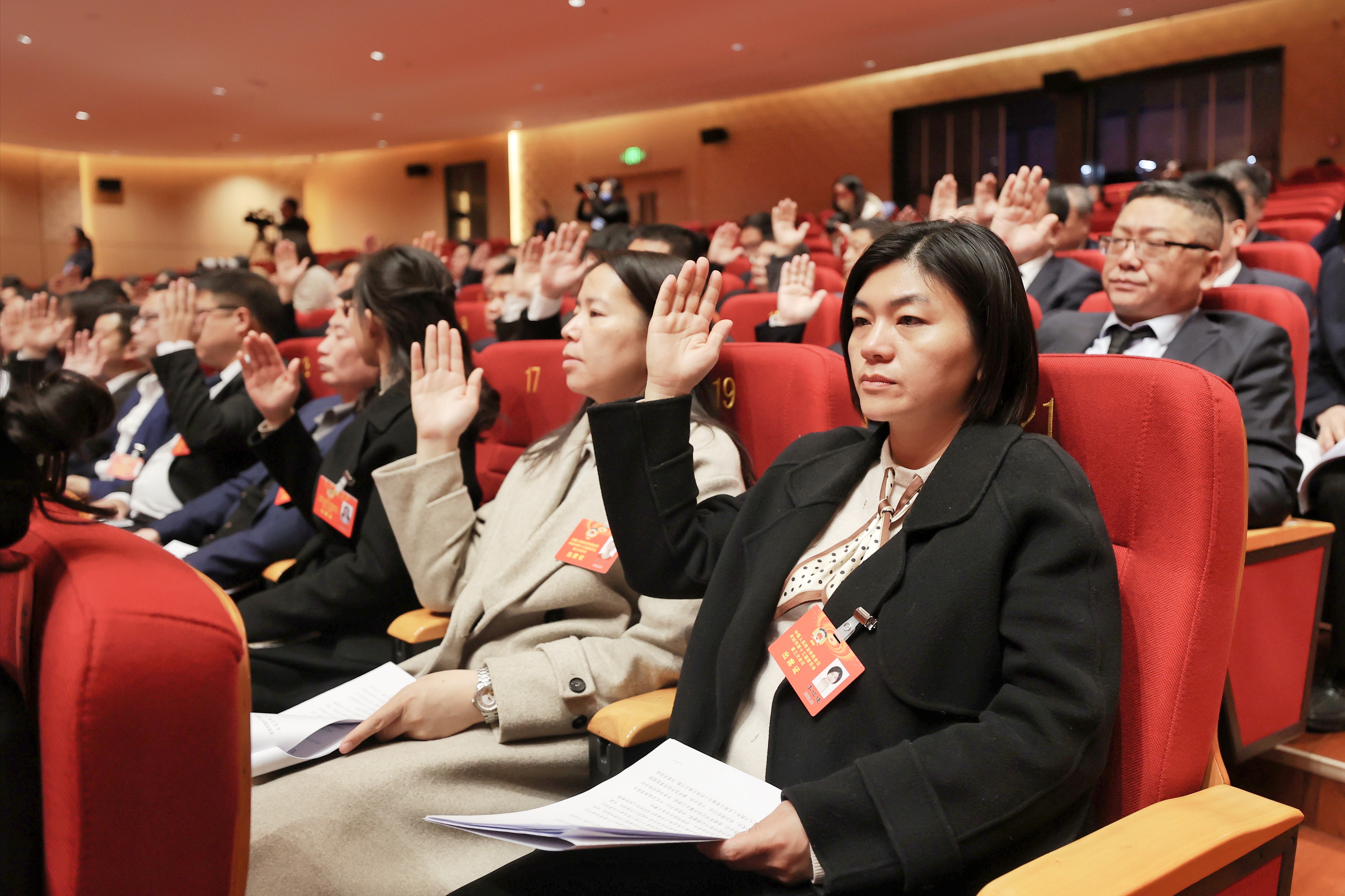 2月19日，政协委员举手表决。  全媒体记者 李浩 摄